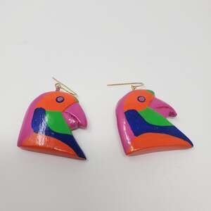 Unique Wooden glazed painted parrot head earrings Hand Painted Lightweight